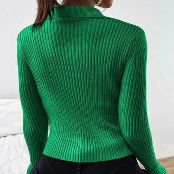 Zip up Front Knit Sweater Cardigan Green - Picture 4 of 10